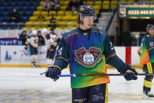 Fife Flyers' defenceman Ryan Nicholson wears the the Pride strip in warm-up, but the club did not use them in the game, sparking an angry response from fans and LGBT+ charities (Pic: Jillian McFarlane)
