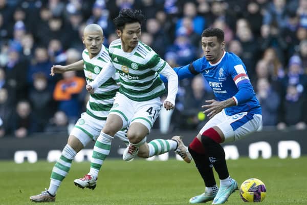 Rangers' James Tavernier tackles Celtic's Reo Hatate during the most recent Old Firm meeting at Ibrox.  (Photo by Alan Harvey / SNS Group)