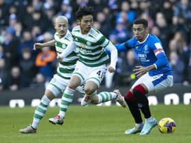 Rangers' James Tavernier tackles Celtic's Reo Hatate during the most recent Old Firm meeting at Ibrox.  (Photo by Alan Harvey / SNS Group)