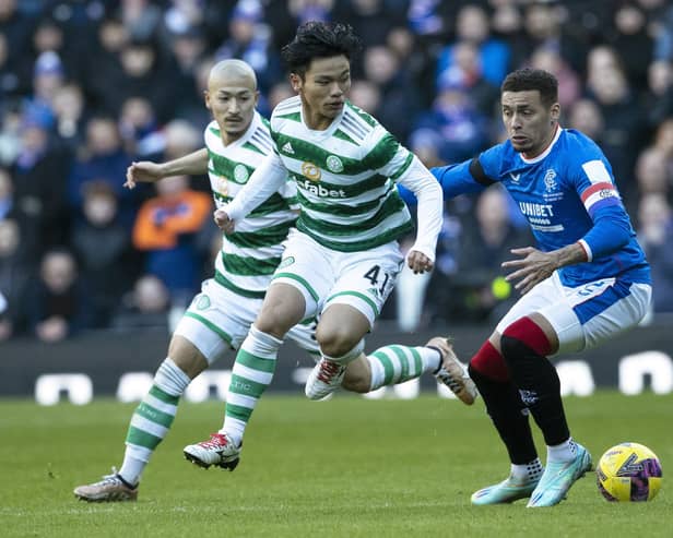 Rangers' James Tavernier tackles Celtic's Reo Hatate during the most recent Old Firm meeting at Ibrox.  (Photo by Alan Harvey / SNS Group)