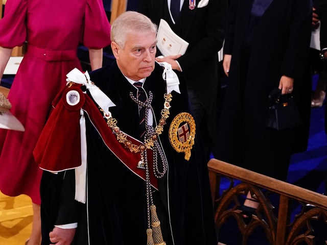 the Duke of York leaving the coronation ceremony of King Charles III and Queen Camilla in Westminster Abbey, London.