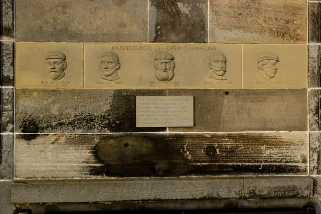 A plaque celebratinh Musselburgh's five Open champions is located on the outside wall of the Musselburgh Old Course Golf Club clubhouse. Picture: Alan Rennie.