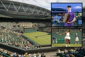 Brad Zellerman, from Dunfermline, with his Wimbledon e-Champion trophy. Insets - how Wimbledon and Serena Williams look in the Playstation tournament (Pics: Submitted)