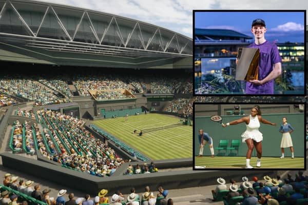 Brad Zellerman, from Dunfermline, with his Wimbledon e-Champion trophy. Insets - how Wimbledon and Serena Williams look in the Playstation tournament (Pics: Submitted)
