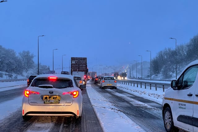 Traffic at a standstill on the M62 motorway near Kirklees, West Yorkshire, due to heavy snow in the area.