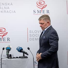 Robert Fico, lead candidate of the Smer political party, arrives to the press conference the day after Slovak parliamentary elections in which Smer finished in first place with over 23% of votes. Smer ran on a pro-Russian, anti-European Union platform, including advocating an immediate halt to Slovak military aid to Ukraine. Smer will, however, need coalition partners to build a government.