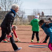Judy Murray giving children tennis training in Maryhill Park, Glasgow, as part of her work with the Judy Murray Foundation, which is aiming to breathe life into tennis courts that were restored by volunteers.