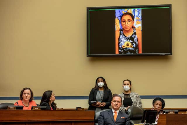 Miah Cerrillo, survivor and Fourth-Grade Student at Robb Elementary School in Uvalde, Texas, testifies to The House Oversight and Reform Committee on June 8, 2022 in Washington, DC. (Photo by Jason Andrew / POOL / AFP) (Photo by JASON ANDREW/POOL/AFP via Getty Images)