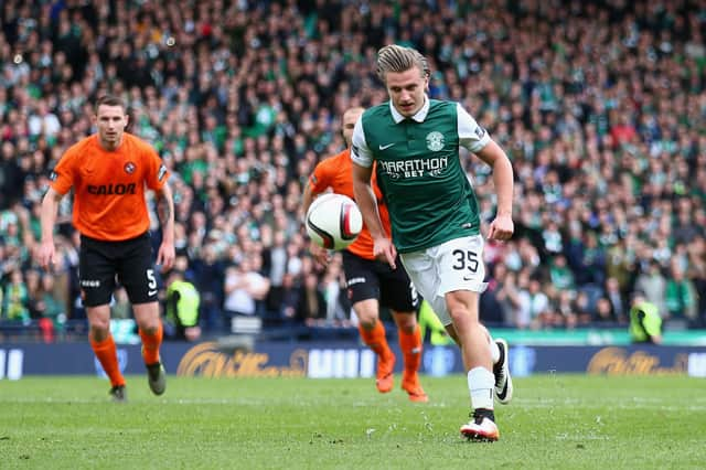 Jason Cummings missed with this Panenka but still backed himself to score the winning penalty to take Hibs to the 2016 Scottish Cup final.