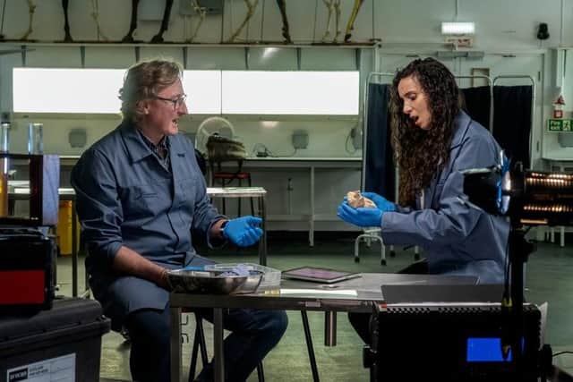 Presenter Ella Al-Shamahi discusses findings with Dr Andrew Brownlow, head of the Scottish Marine Animal Stranding Scheme, who led post-mortem examinations of the beached sei whale