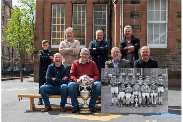 The former Bruntsfield pupils met up on Friday to mark the 50th anniversary of their 1971 school board cup victory. Youngster Aidan McInally, 9, joined the line-up in place of his granddad, the late Brian Gordon.