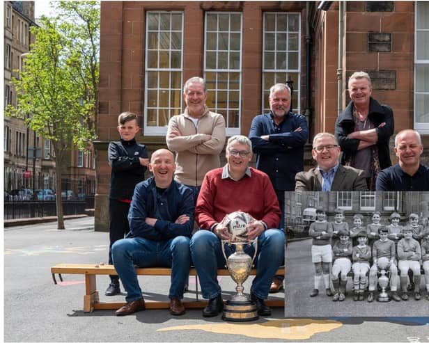 The former Bruntsfield pupils met up on Friday to mark the 50th anniversary of their 1971 school board cup victory. Youngster Aidan McInally, 9, joined the line-up in place of his granddad, the late Brian Gordon.