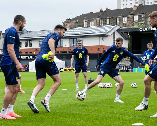 Scotland training at Lesser Hampden last week, overlooking flats clearly visible (Photo by Craig Foy / SNS Group)