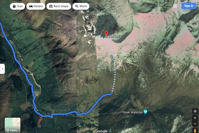 A screenshot from Google Maps issued by Mountaineering Scotland showing a dangerous 'route' up Ben Nevis.
