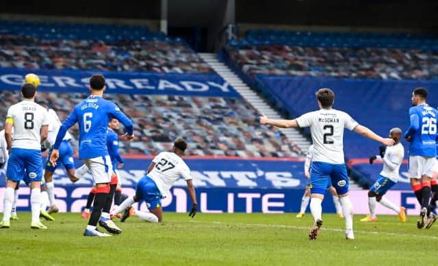Ryan Jack scores with a stunning volley as Rangers beat Kilmarnock to move 21 points clear at the top of the Premiership table. (Photo by Rob Casey / SNS Group)