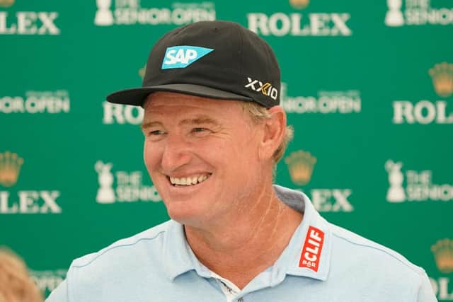 Ernie Els speaks to the media ahead of The Senior Open Presented by Rolex at Gleneagles. Picture: Phil Inglis/Getty Images.