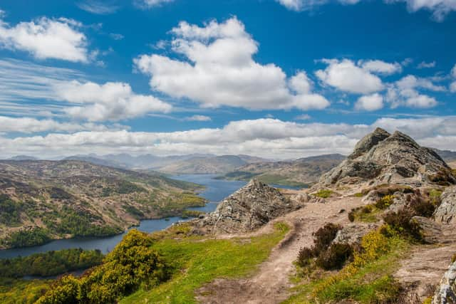 Looking over Loch Katrine in The Trossachs National Park in the Scottish Highlands from the summit of Ben A'an