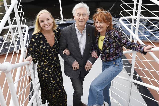 Denis Lawson with Anything Goes co-stars Kerry Ellis and Bonnie Langford on Ocean Mist at The Shore in Leith Pic Greg Macvean