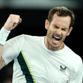 Andy Murray celebrates at the 2023 Australian Open after his big win over Matteo Berrettini.