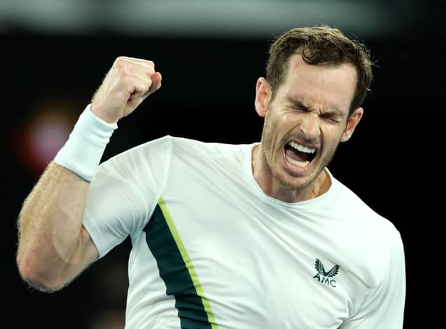 Andy Murray celebrates at the 2023 Australian Open after his big win over Matteo Berrettini.
