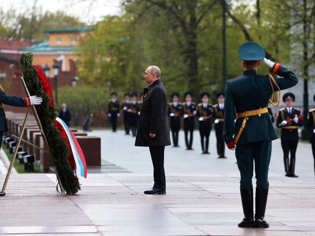 Russian President Vladimir Putin attends a wreath-laying ceremony at the Tomb of the Unknown Soldier after the Victory Day military parade in central Moscow on May 9, 2022. - Russia celebrates the 77th anniversary of the victory over Nazi Germany during World War II. Picture, Anton Novoderezhkin / Getty.