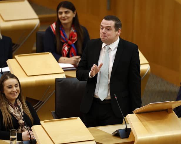 Scottish Conservative Party leader Douglas Ross reacts during First Minister's Questions at Holyrood. Picture: Jeff J Mitchell/Getty Images