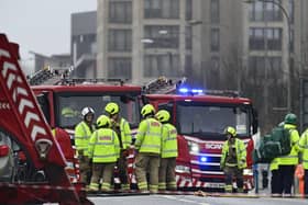 Firefighters take part in an emergency disaster drill in Glasgow