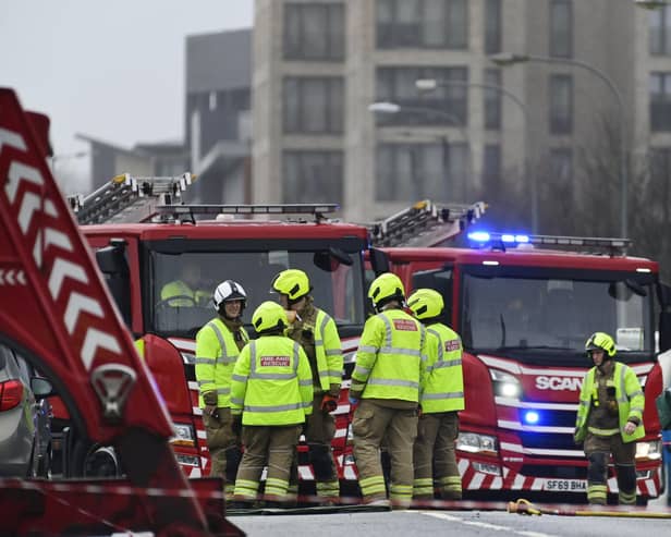 Firefighters take part in an emergency disaster drill in Glasgow