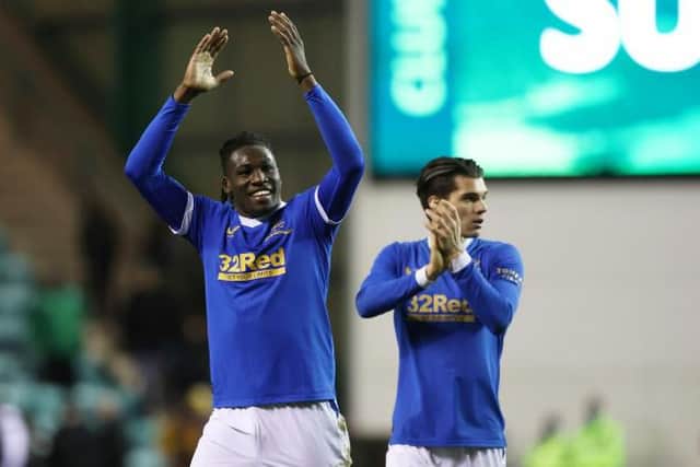 Rangers defender Calvin Bassey celebrates at full-time after his team's 1-0 win over Hibs at Easter Road on Wednesday. (Photo by Craig Williamson / SNS Group)