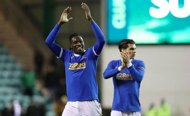 Rangers defender Calvin Bassey celebrates at full-time after his team's 1-0 win over Hibs at Easter Road on Wednesday. (Photo by Craig Williamson / SNS Group)