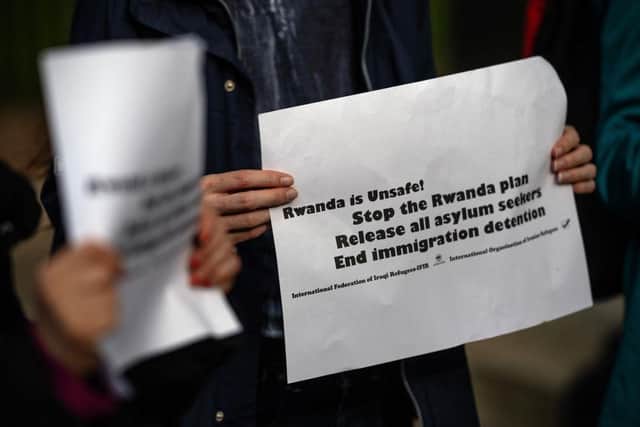 People protest against the Rwanda deportation bill outside Downing Street on May 1.