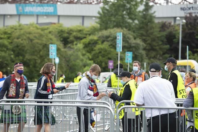 Scotland fans arrive at Hampden ahead of the opening Euro 2020 match against Czech Republic on June 14, 2021, in Glasgow, Scotland. (Photo by Euan Cherry / SNS Group)