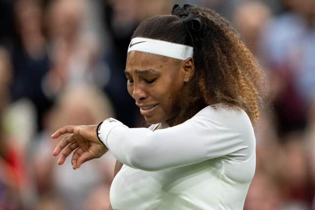 Serena Williams was emotional after having to pull out of her match against Aliaksandra Sasnovich in the first round of the Ladies' Singles at Wimbledon with a leg injury after slipping (Image: Jed Leicester/PA)