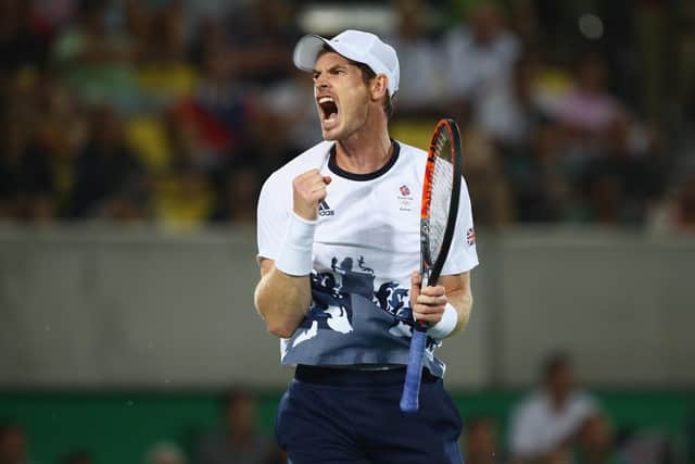 Andy Murray celebrates winning match point in the men's singles gold medal match against Juan Martin Del Potro of Argentina at the Rio 2016 Olympic Games.