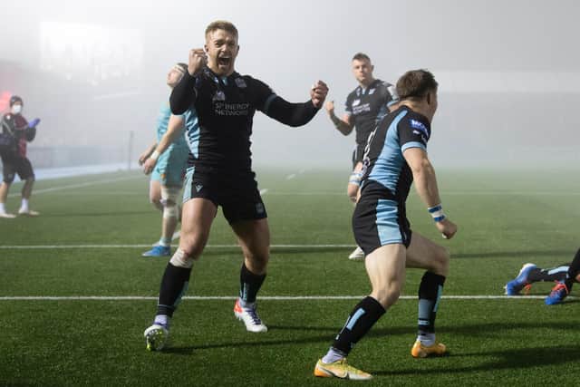 Joy for Glasgow's Kyle Steyn following Johnny Matthews' try in the win over Exeter Chiefs in the Champions Cup. Picture: Ross Parker / SNS Group