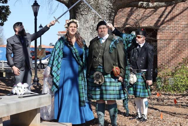 American couple Jessica and John Allen at their Scottish-themed wedding in Lawrenceville, Georgia.