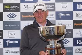 Euan McIntosh shows off his trophy after winning the Montrose Links Masters, the second event on this season's Tartan Pro Tour. Picture: Tartan Pro Tour.