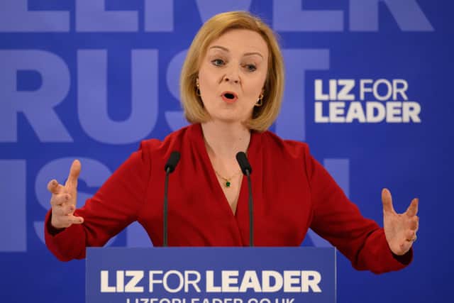 Conservative leadership candidate Liz Truss speaks to supporters and journalists as she launches her campaign