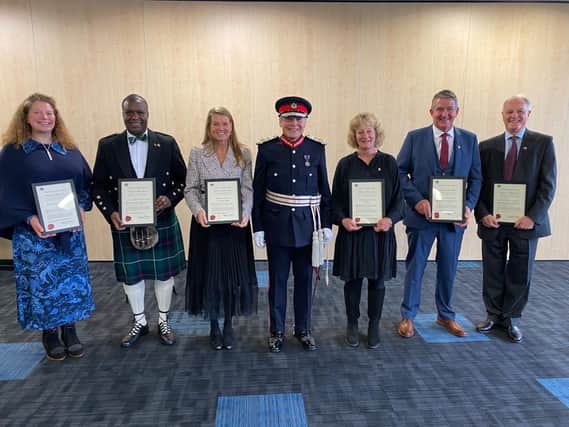 His Majesty’s Lord-Lieutenant of Aberdeenshire and six of the new DLs: Lorna Smith, James N’Dow, Viscountess Petersham, Sandy Manson (Lord-Lieutenant), Rosemary Walker, James Buchan and Melfort Campbell (William Paton was absent).