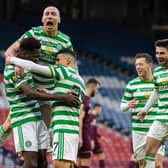 Celtic captain Scott Brown leads the celebrations after Odsonne Edouard's penalty strike  makes it 2-0 in the club's quadruple treble-securing Scottish Cup final triumph over Hearts. (Photo by Craig Williamson / SNS Group)