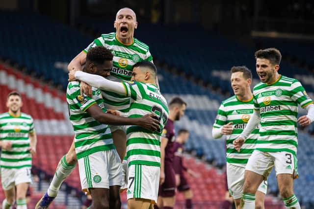 Celtic captain Scott Brown leads the celebrations after Odsonne Edouard's penalty strike makes it 2-0 in the club's quadruple treble-securing Scottish Cup final triumph over Hearts. (Photo by Craig Williamson / SNS Group)