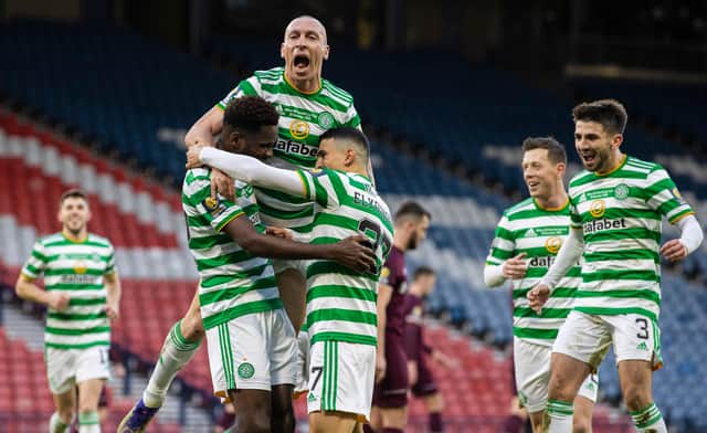 Celtic captain Scott Brown leads the celebrations after Odsonne Edouard's penalty strike  makes it 2-0 in the club's quadruple treble-securing Scottish Cup final triumph over Hearts. (Photo by Craig Williamson / SNS Group)