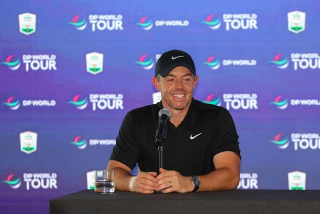 Rory McIlroy speaks in a press conference ahead of his appearance in this week's DP World Tour Championship at Jumeirah Golf Estates. Picture: Andrew Redington/Getty Images.