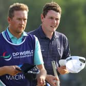 Bob MacIntyre with caddie Mike Thomson after finishing his opening round in the DP World Tour Championship at Jumeirah Golf Estates in Dubai. Picture: Andrew Redington/Getty Images.