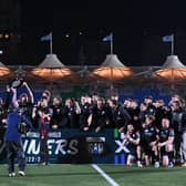 Glasgow Warriors lift the Scottish-Italian shield during a BKT United Rugby Championship against Connacht.