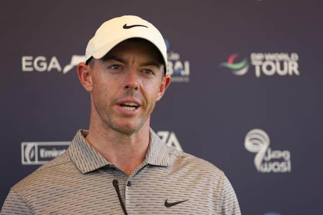 Rory McIlroy talks to the media ahead of the Slync.io Dubai Desert Classic at Emirates Golf Club. Picture: Luke Walker/Getty Images.