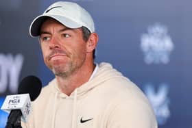Rory McIlroy speaks during a practice round prior to the 106th PGA Championship at Valhalla Golf Club in Louisville, Kentucky. Picture: Andrew Redington/Getty Images.