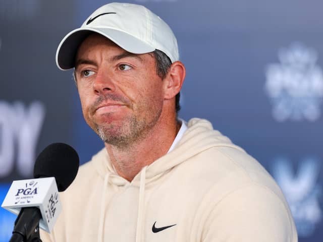 Rory McIlroy speaks during a practice round prior to the 106th PGA Championship at Valhalla Golf Club in Louisville, Kentucky. Picture: Andrew Redington/Getty Images.