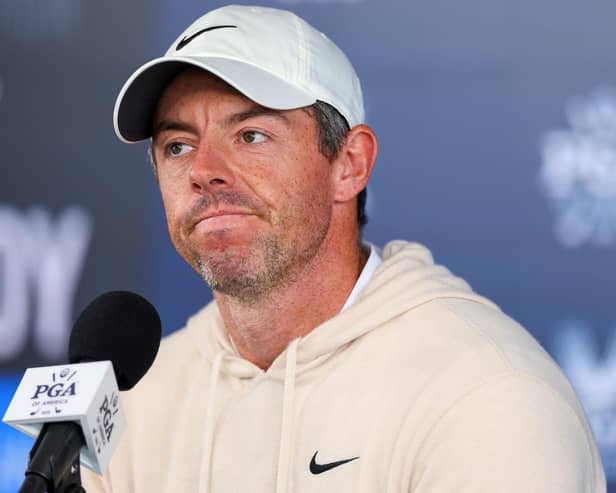 Rory McIlroy speaks during a practice round prior to the 106th PGA Championship at Valhalla Golf Club in Louisville, Kentucky. Picture: Andrew Redington/Getty Images.