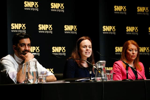 SNP leadership candidates (left-right) Humza Yousaf, Kate Forbes and Ash Regan during the SNP leadership debate at the Tivoli Theatre Company in Aberdeen. Craig Brough/PA Wire